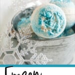 queen elsa bath bombs with text which reads frozen bath bombs