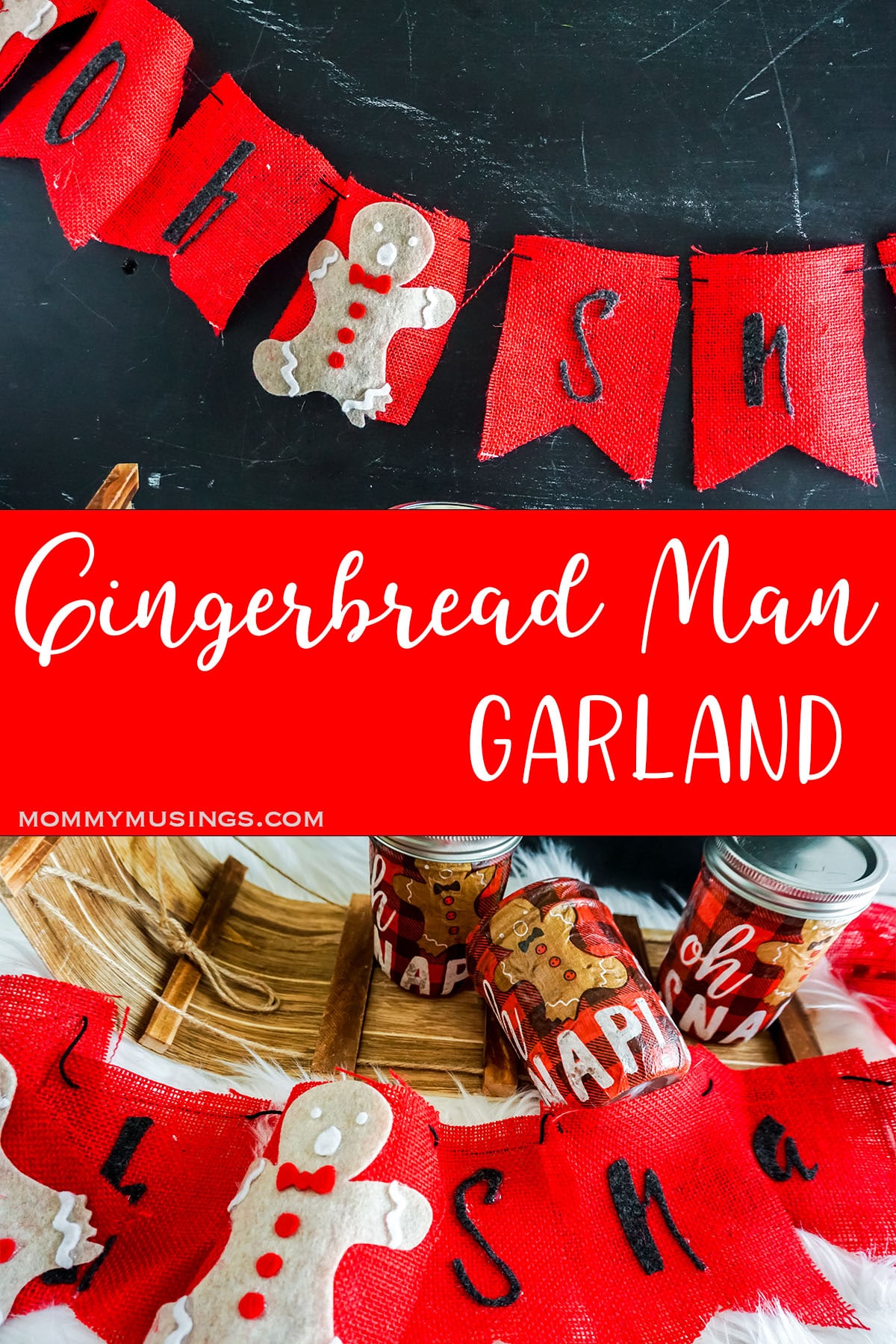 photo collage of gingerbread man banner with text which reads gingerbread man garland 