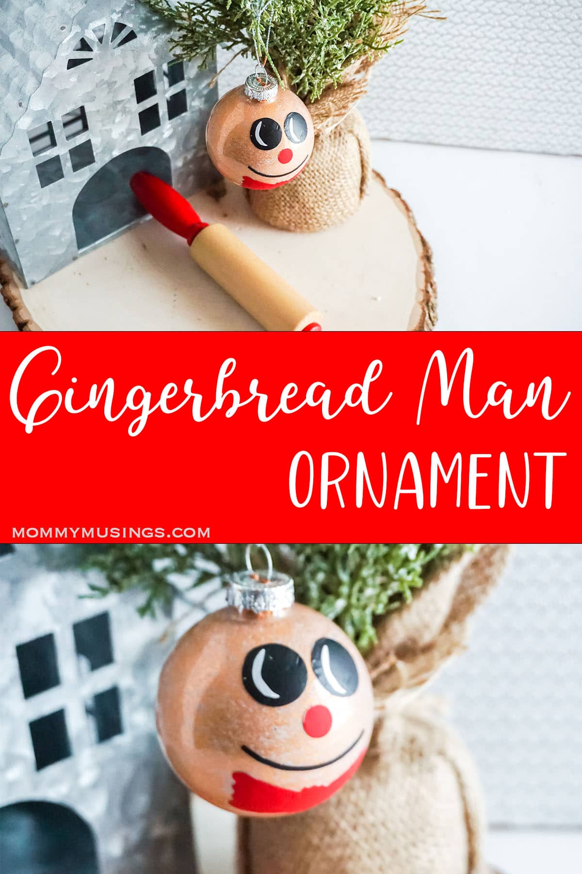 photo collage of simple diy ornament for christmas with text which reads gingerbread man ornament