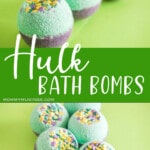 photo collage of diy bath bomb recipe for kids with text which reads hulk bath bombs