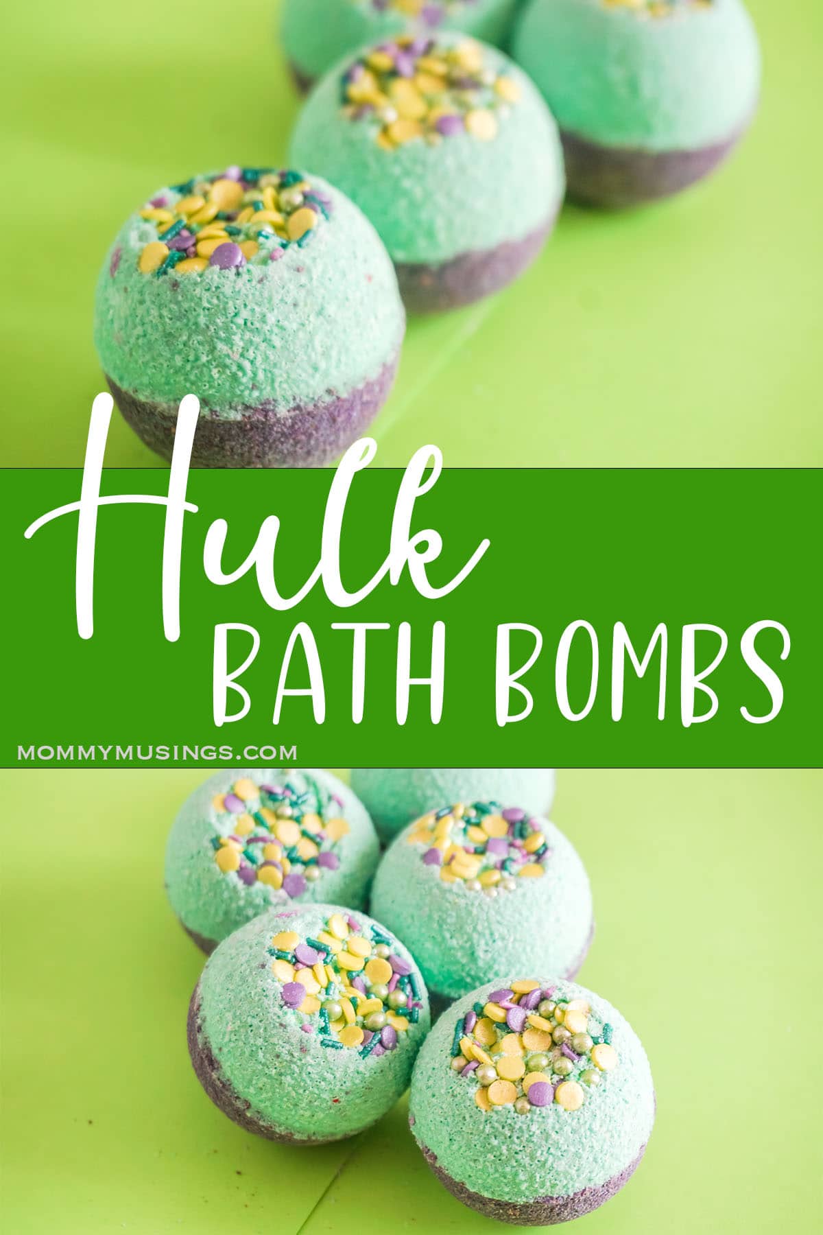 photo collage of diy bath bomb recipe for kids with text which reads hulk bath bombs