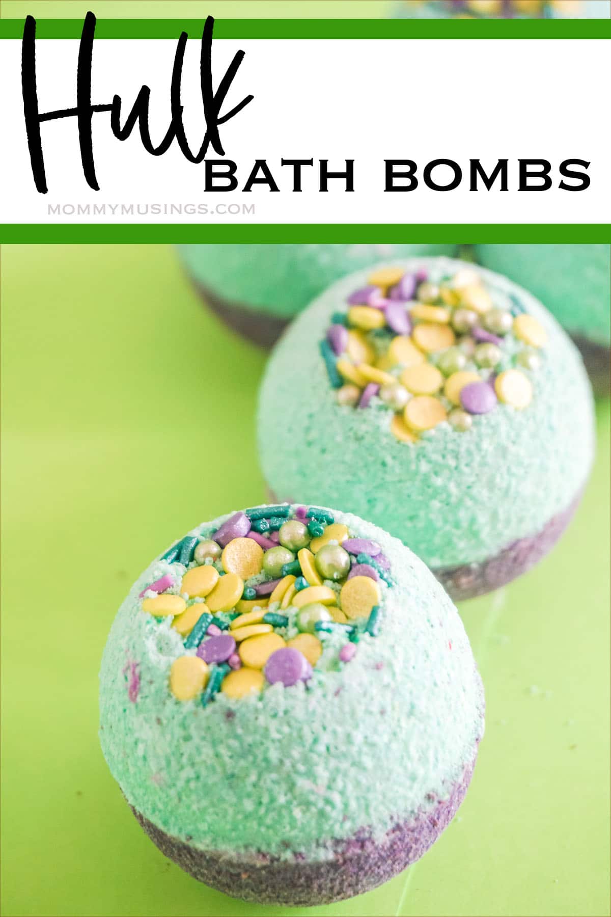 superhero bath bomb recipe with text which reads hulk bath bombs