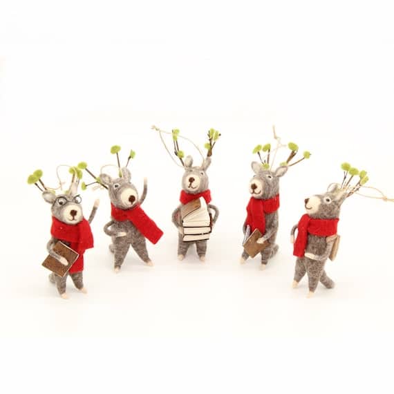 Christmas Caroling Reindeers 5 pc set Holiday Ornament 