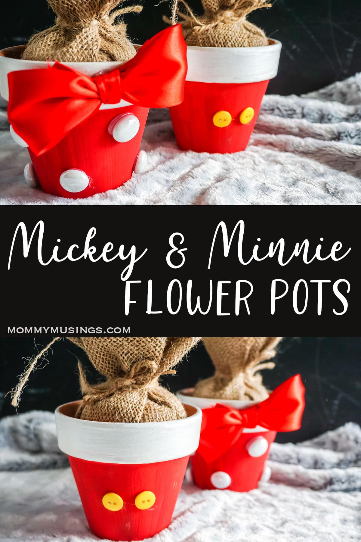 photo collage of easy holiday mickey craft with text which reads mickey and minnie flower pots