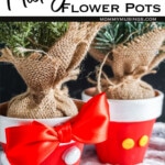 disney inspired terra cotta pots for christmas with text which reads mickey and minnie christmas pots