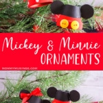 photo collage of mickey mouse ornaments with text which reads mickey and minnie ornaments