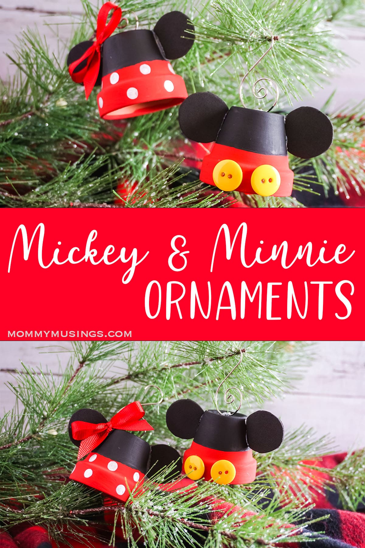 photo collage of mickey mouse ornaments with text which reads mickey and minnie ornaments