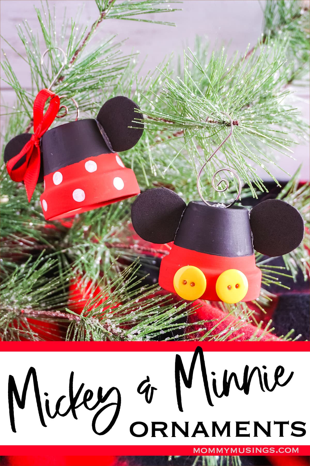 diy disney ornaments craft with text which reads mickey and minnie ornaments