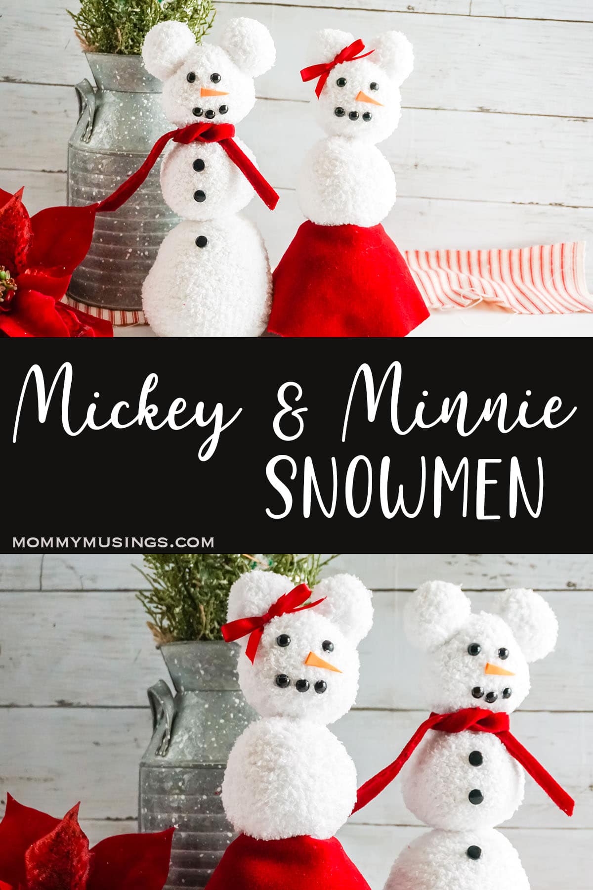 photo collage of snowman mickey and minnie craft with text which reads mickey and minnie snowmen