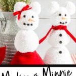 easy disney winter craft with text which reads mickey and minnie snowmen