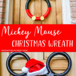 photo collage of mickey ribbon wreath for christmas with text which reads mickey mouse mouse christmas wreath