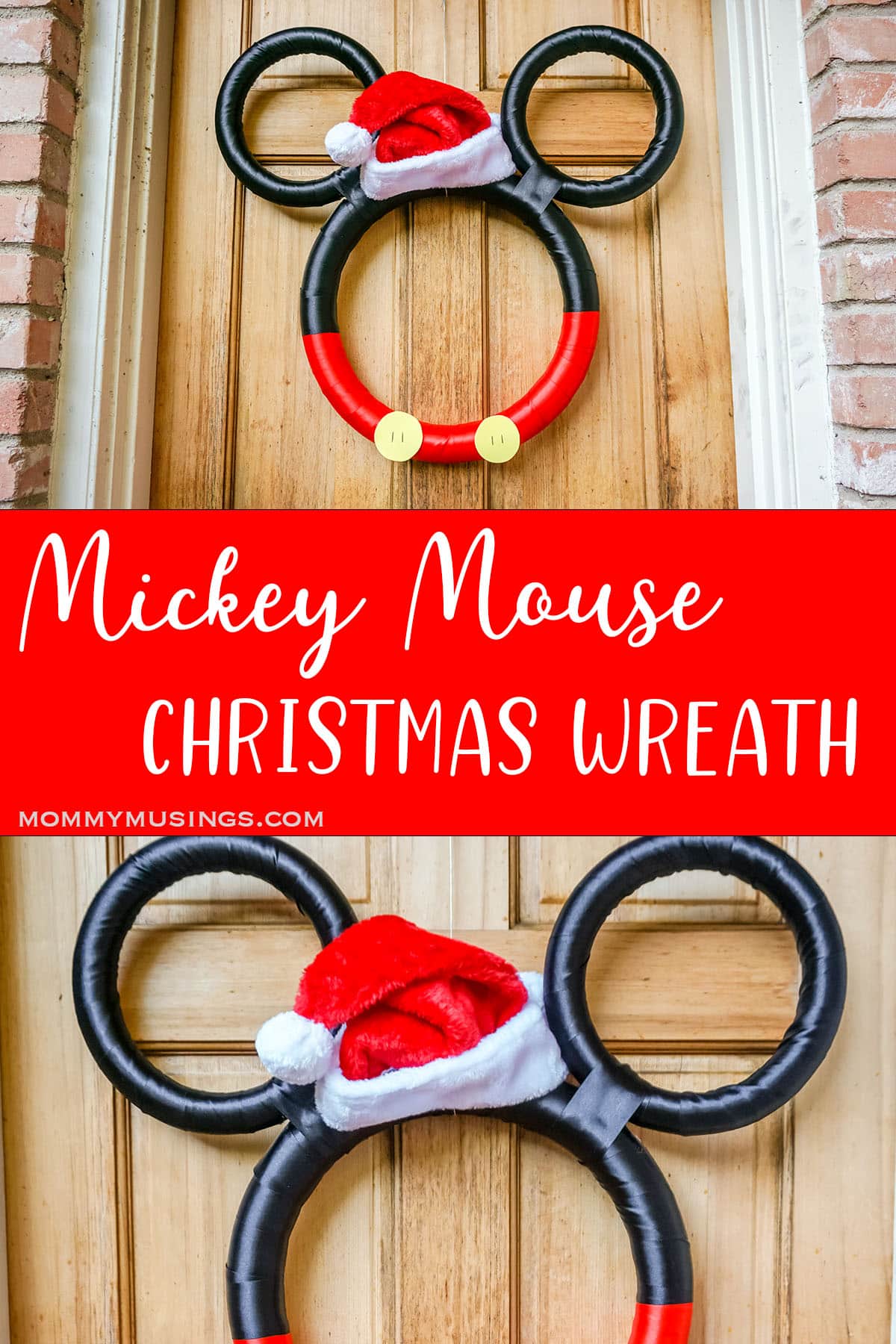 photo collage of mickey ribbon wreath for christmas with text which reads mickey mouse mouse christmas wreath