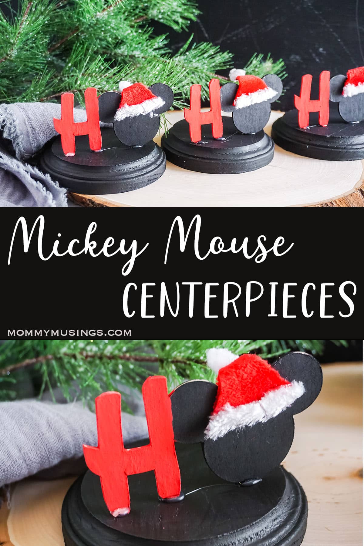 photo collage of mickey cricut craft for the holidays with text which reads mickey mouse centerpieces