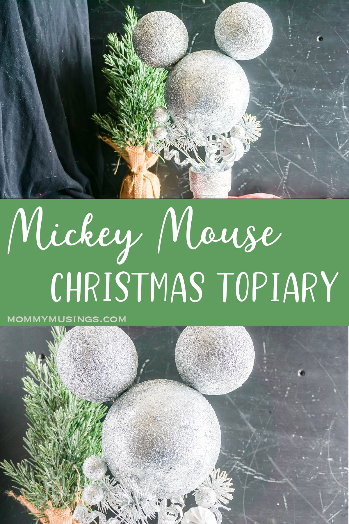 photo collage of easy Mickey christmas craft with text which reads mickey mouse christmas topiary