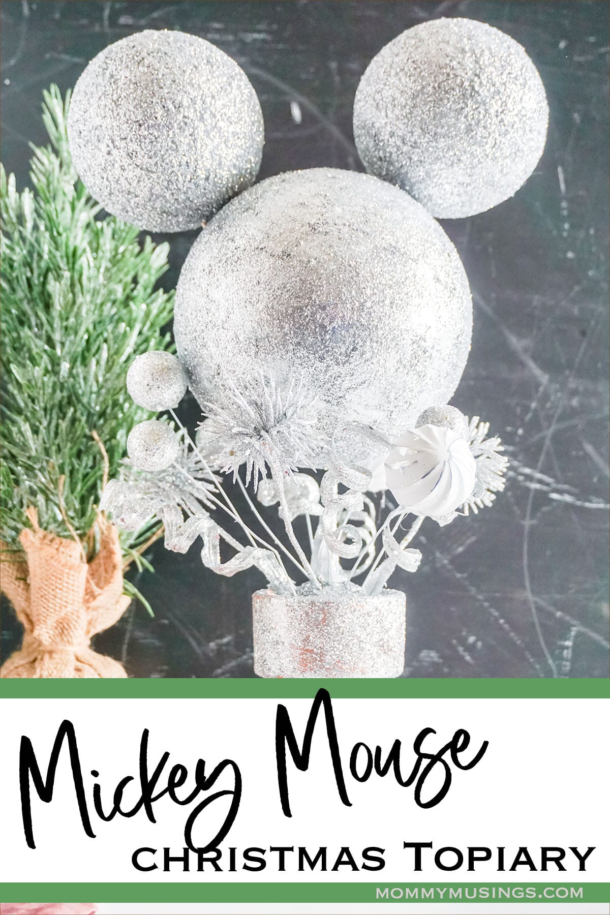 mickey holiday topiary diy with text which reads mickey mouse christmas topiary