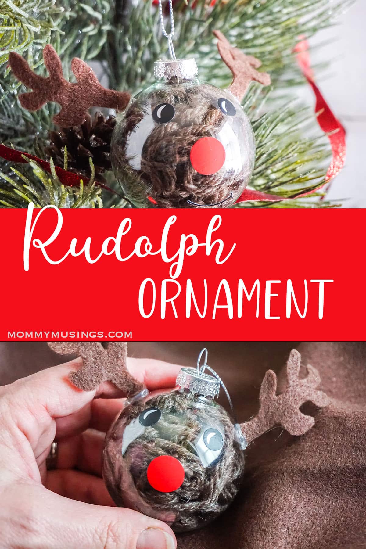 photo collage of rudolph reindeer ornament cricut craft with text which reads rudolph ornament