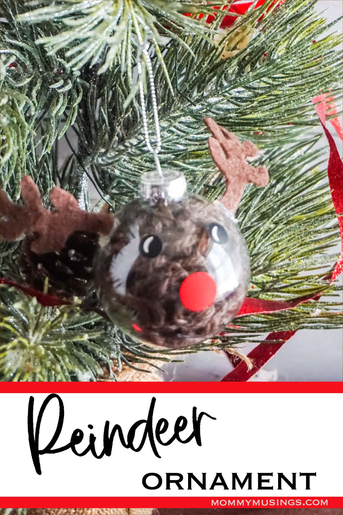 rudolph ornament cricut craft with text which reads reindeer ornament