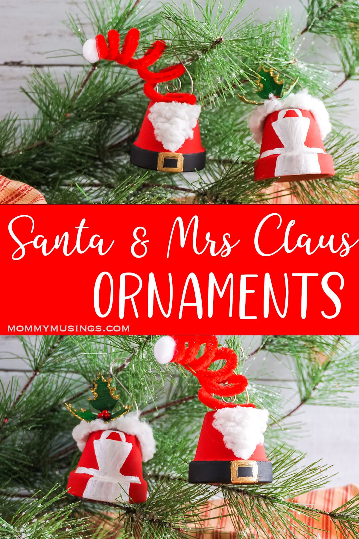 photo collage of easy christmas ornament craft with text which reads santa and mrs claus ornaments 