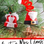 diy terra cotta pot ornaments with text which reads santa and mrs claus ornaments