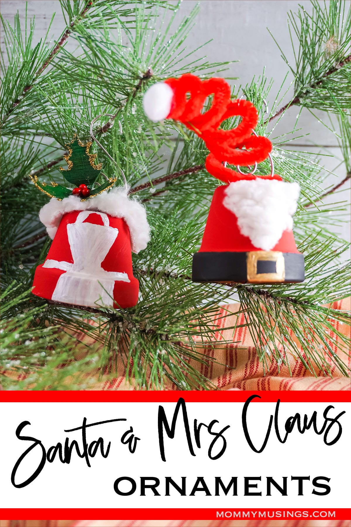 diy terra cotta pot ornaments with text which reads santa and mrs claus ornaments 