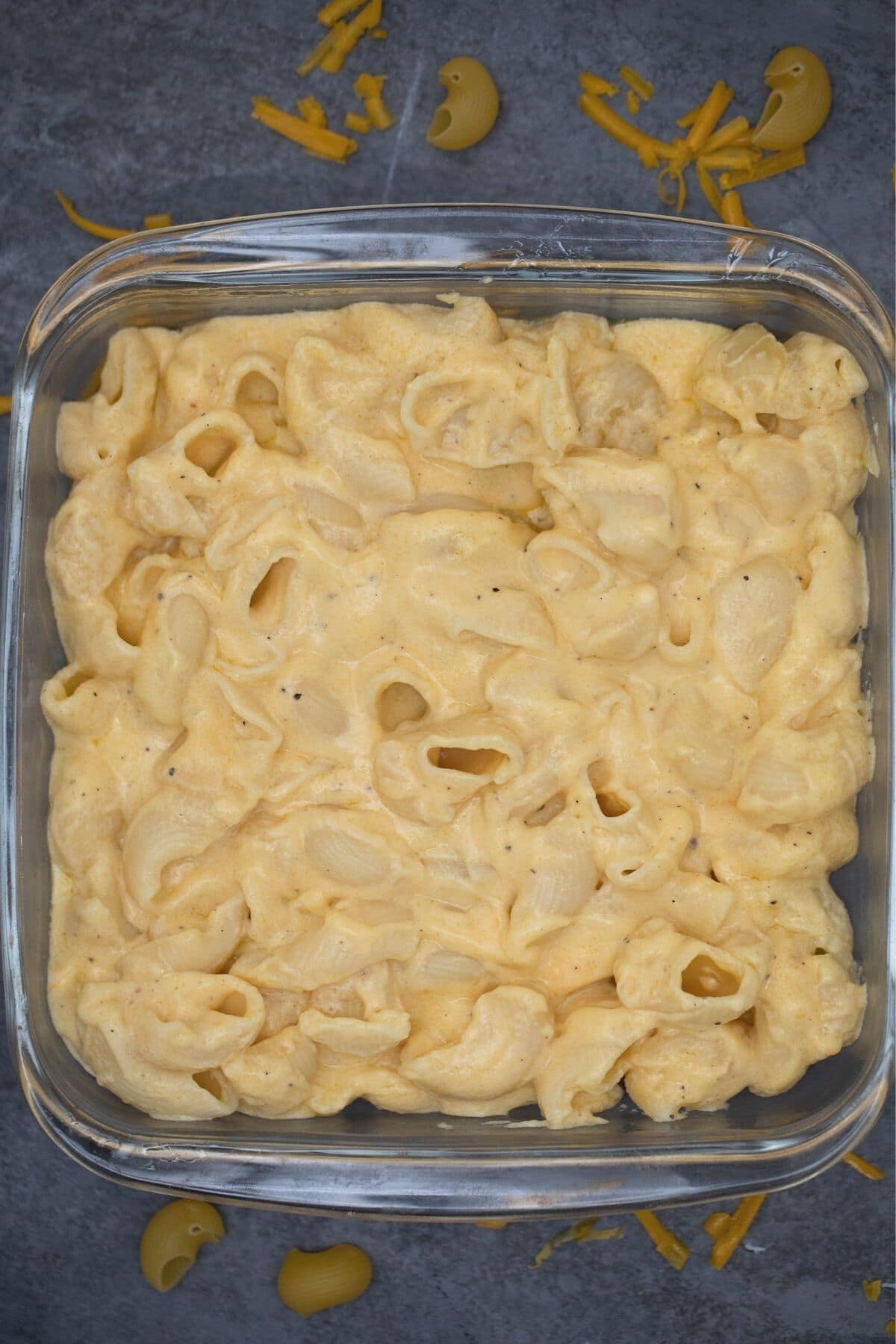 macaroni and cheese in pan before baking