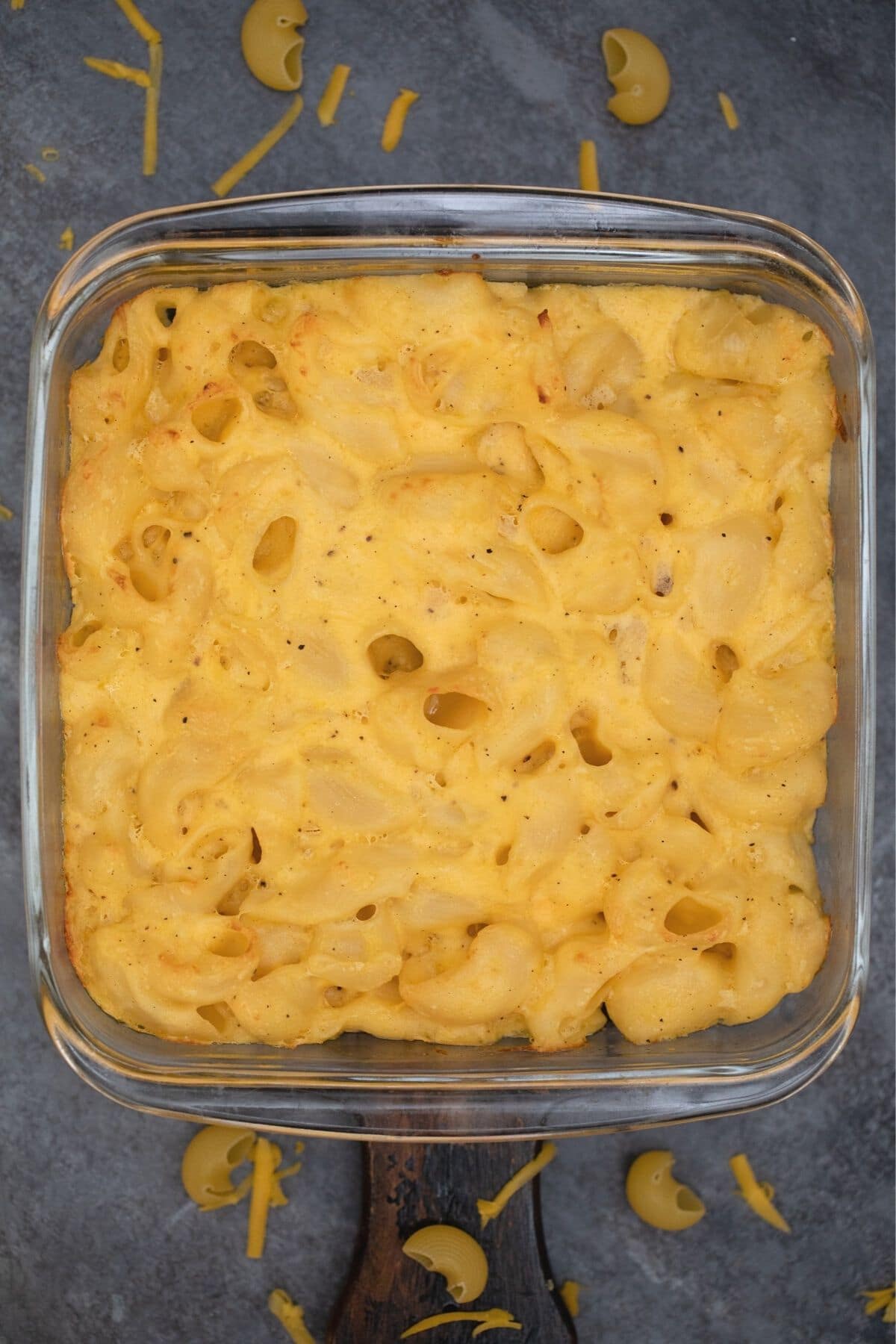 square pan of bake mac and cheese