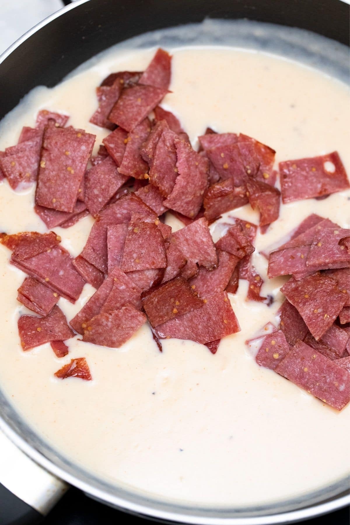 dried beef in skillet of gravy