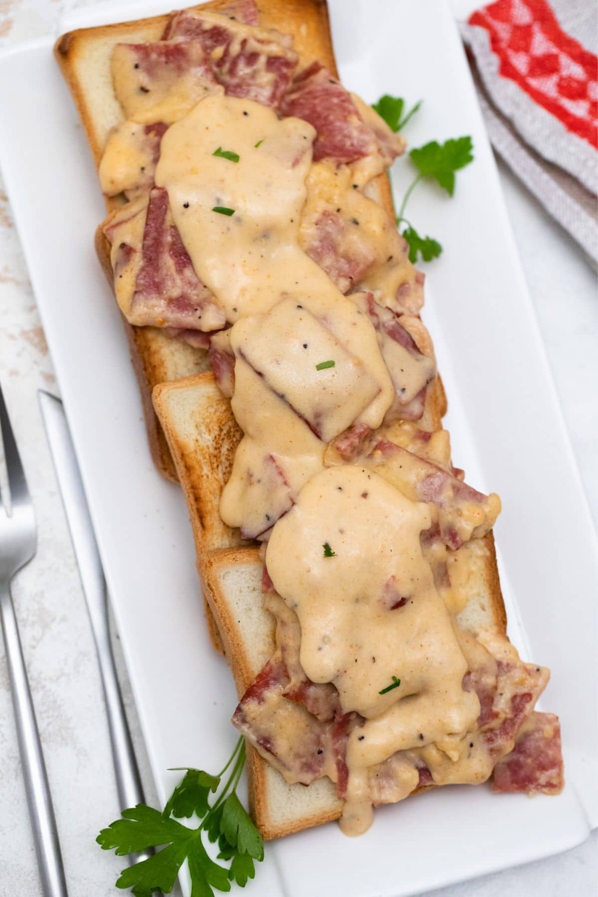 white plate of creamed chipped beef on toast on table by red and white napkin