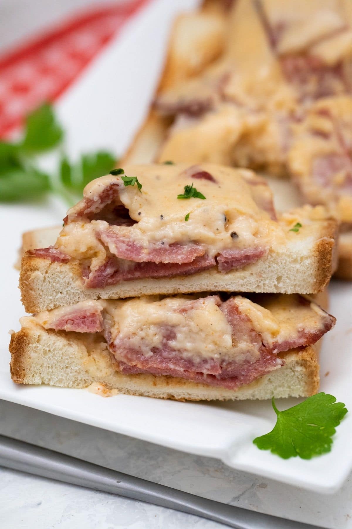 sliced toast topped with gravy and beef on plate