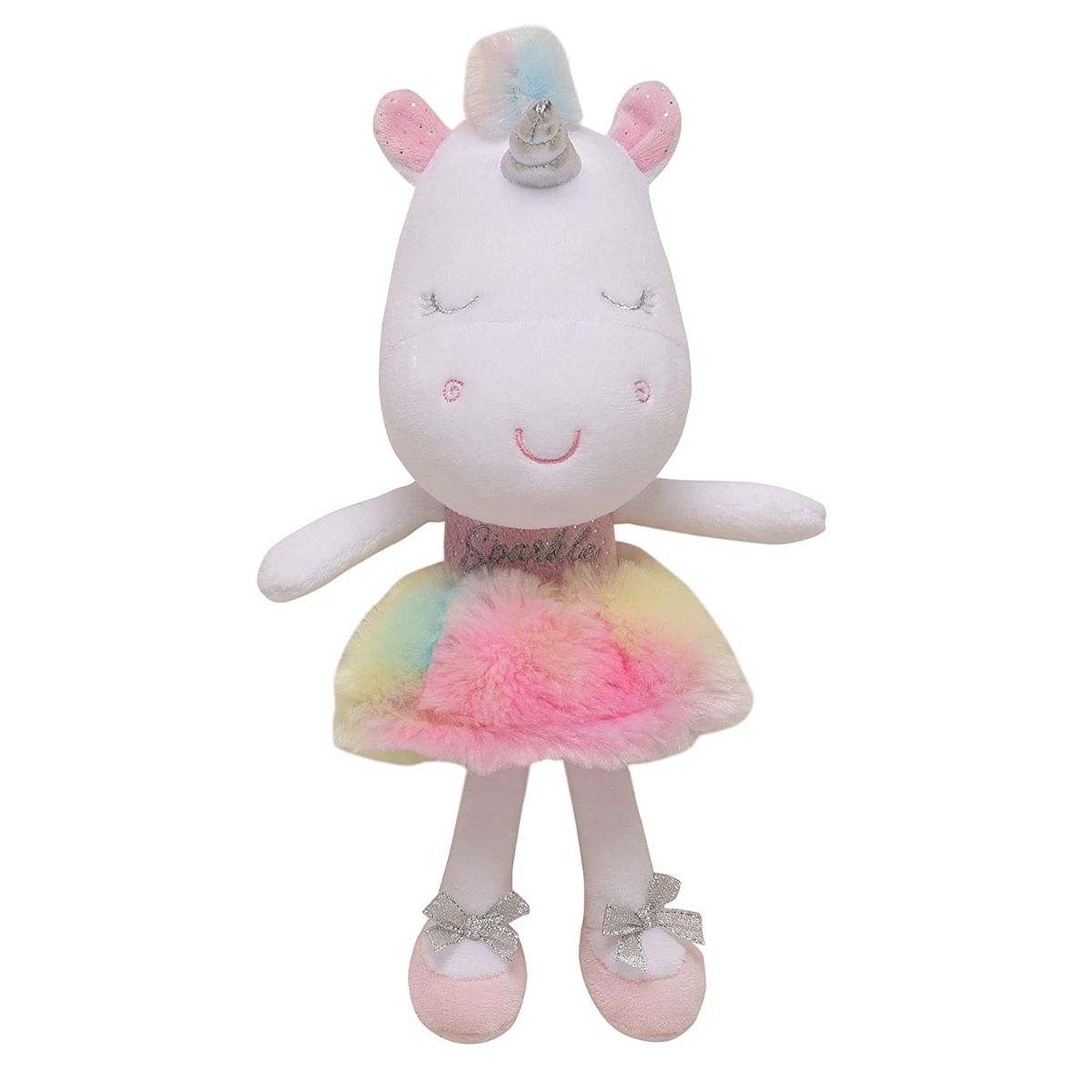 stuffed unicorn doll against white background