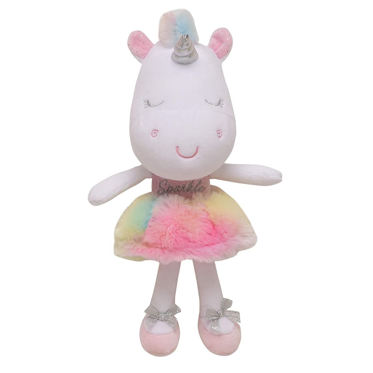 stuffed unicorn doll against white background