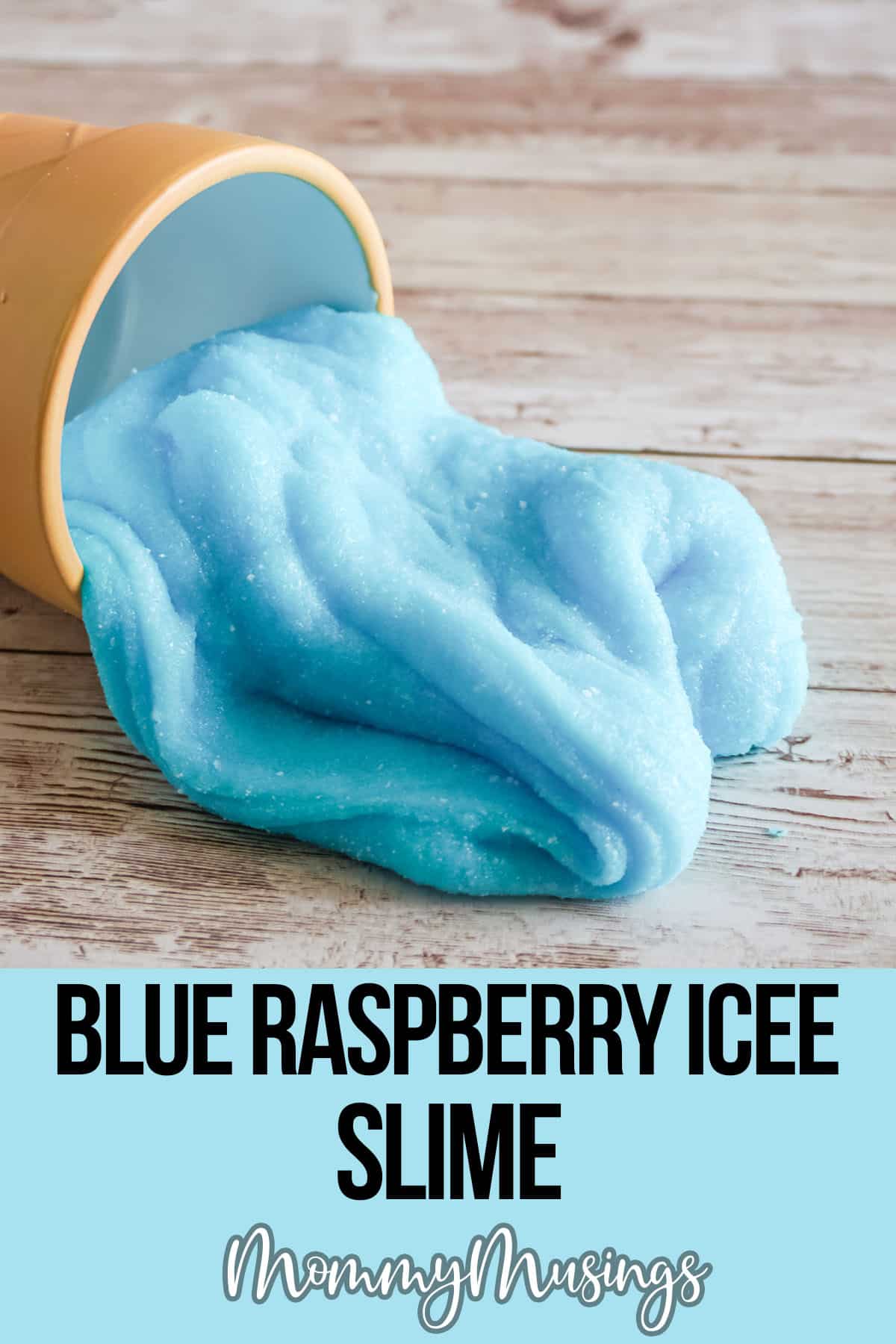 blue ice slime spilling from a cup with text which reads blue raspberry icee slime