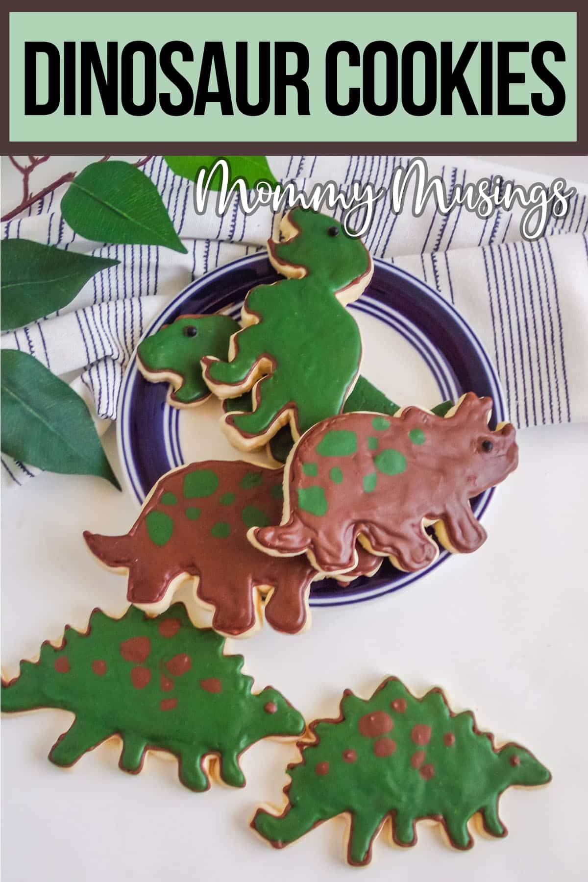 easy dinosaur party cookies with text which reads dinosaur cookies