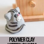 clay cat craft with text which reads polymer clay kitten charm