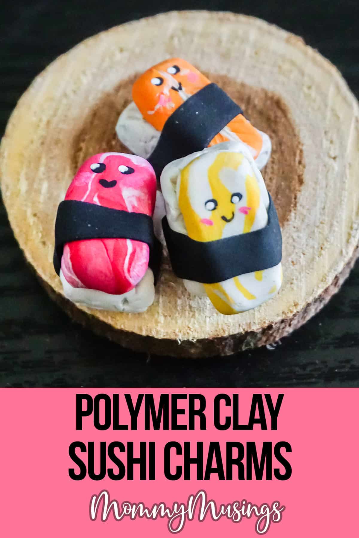 adorable tiny sushi friend charms kids craft with text which reads polymer clay sushi charms