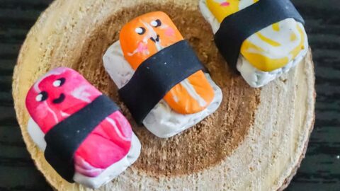 overhead view of cute kawaii sushi polymer clay craft