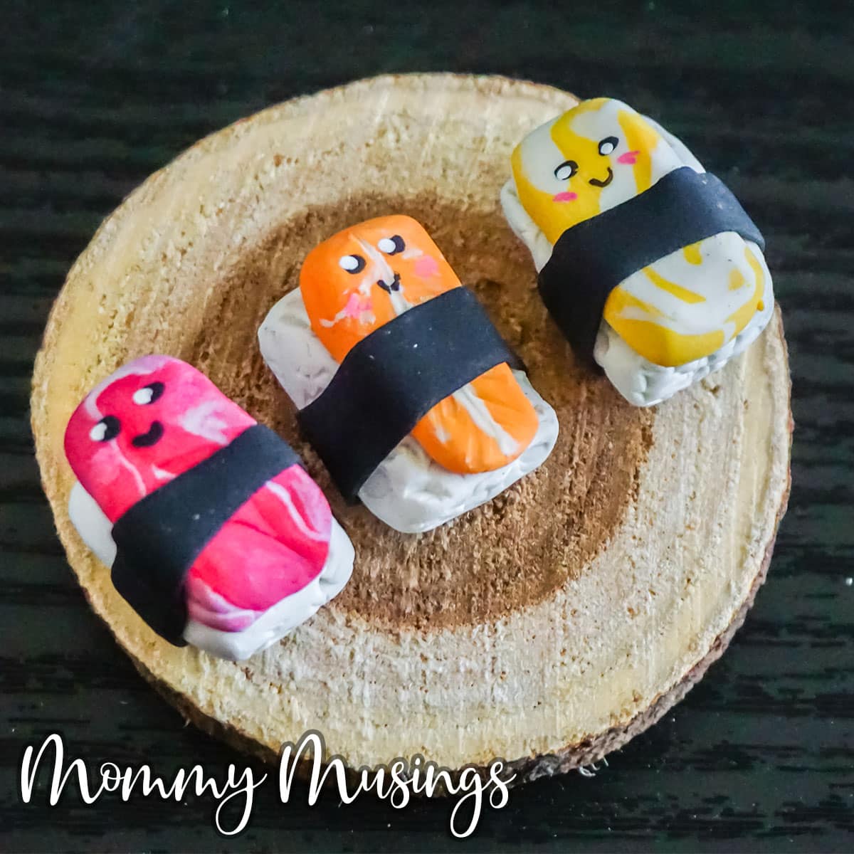 overhead view of cute kawaii sushi polymer clay craft