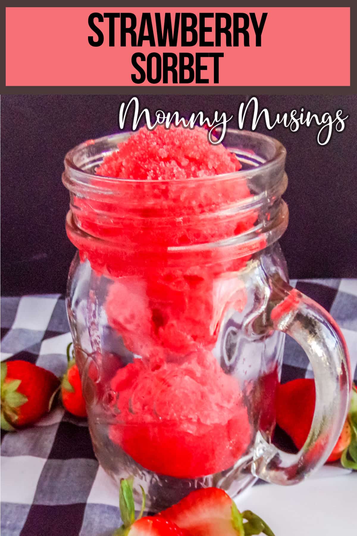 jar of fruit sorbet with text which reads strawberry sorbet