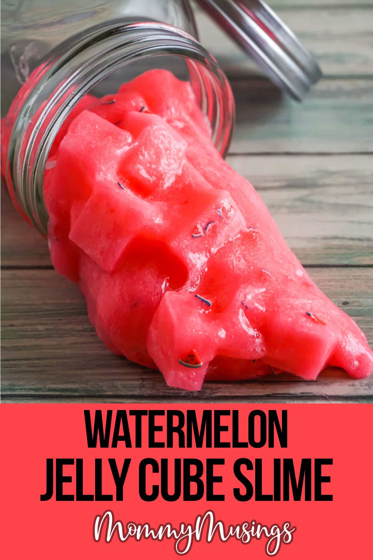 cup spilling out watermelon slime with text which reads watermelon jelly cube slime