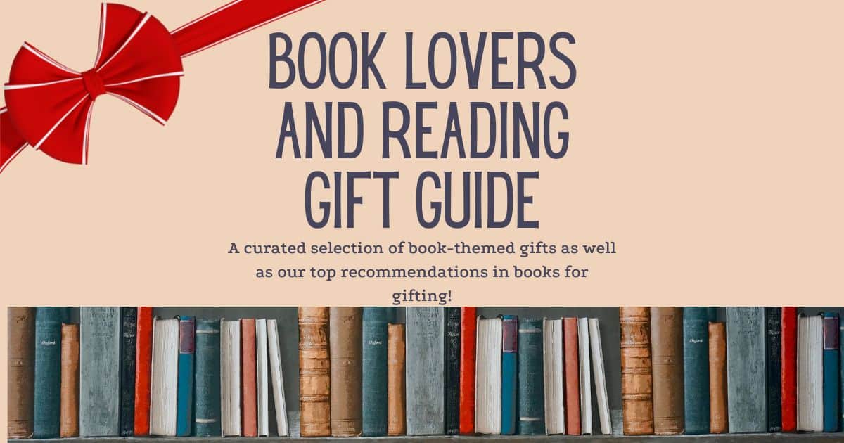 book lovers reading gift guide image with books on base and bow at top