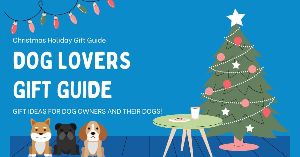 collage image for dog lovers gift guide with blue background