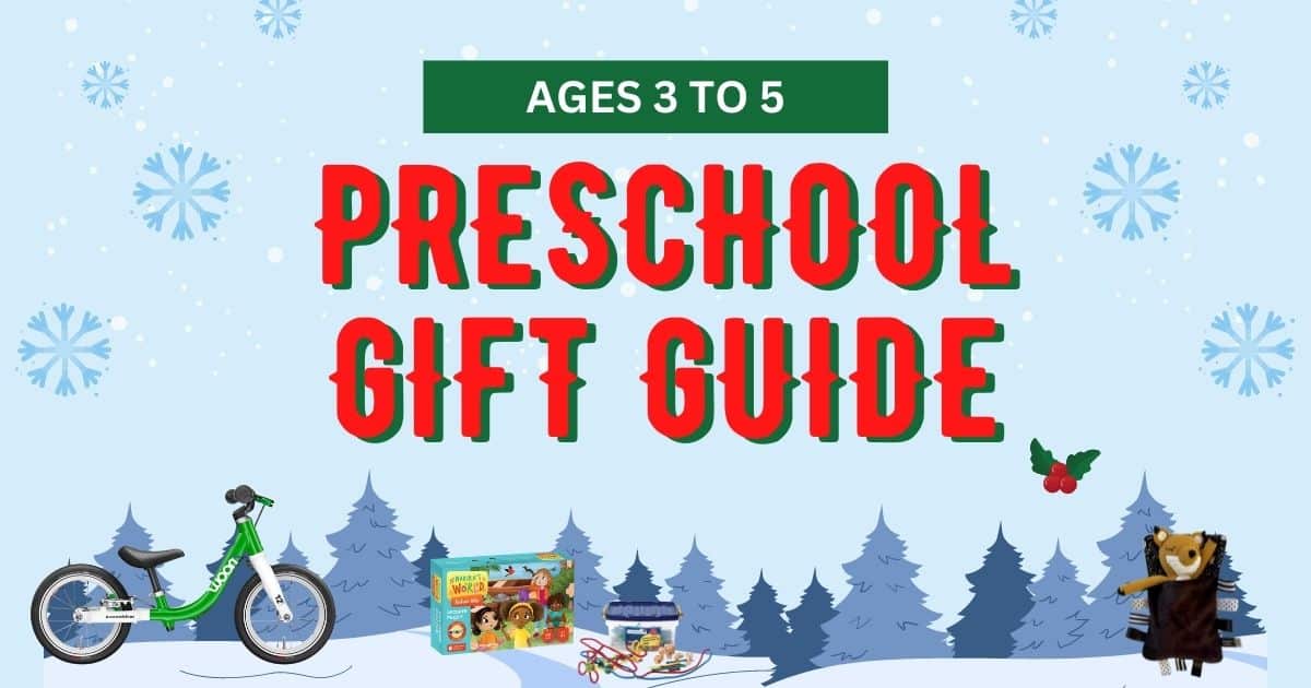 collage image for preschool gift guide with blue background