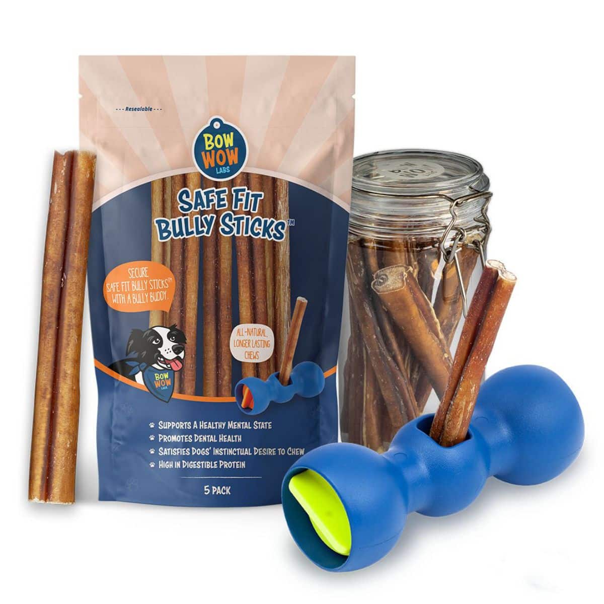 jar of dog stick treats with blue toy