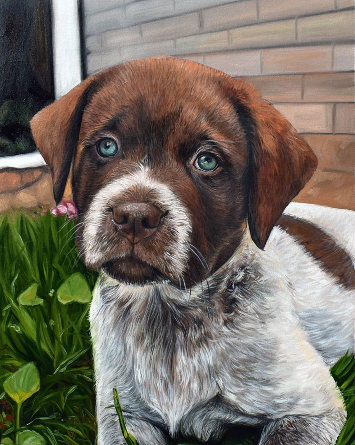 painted brown and white dog on grass